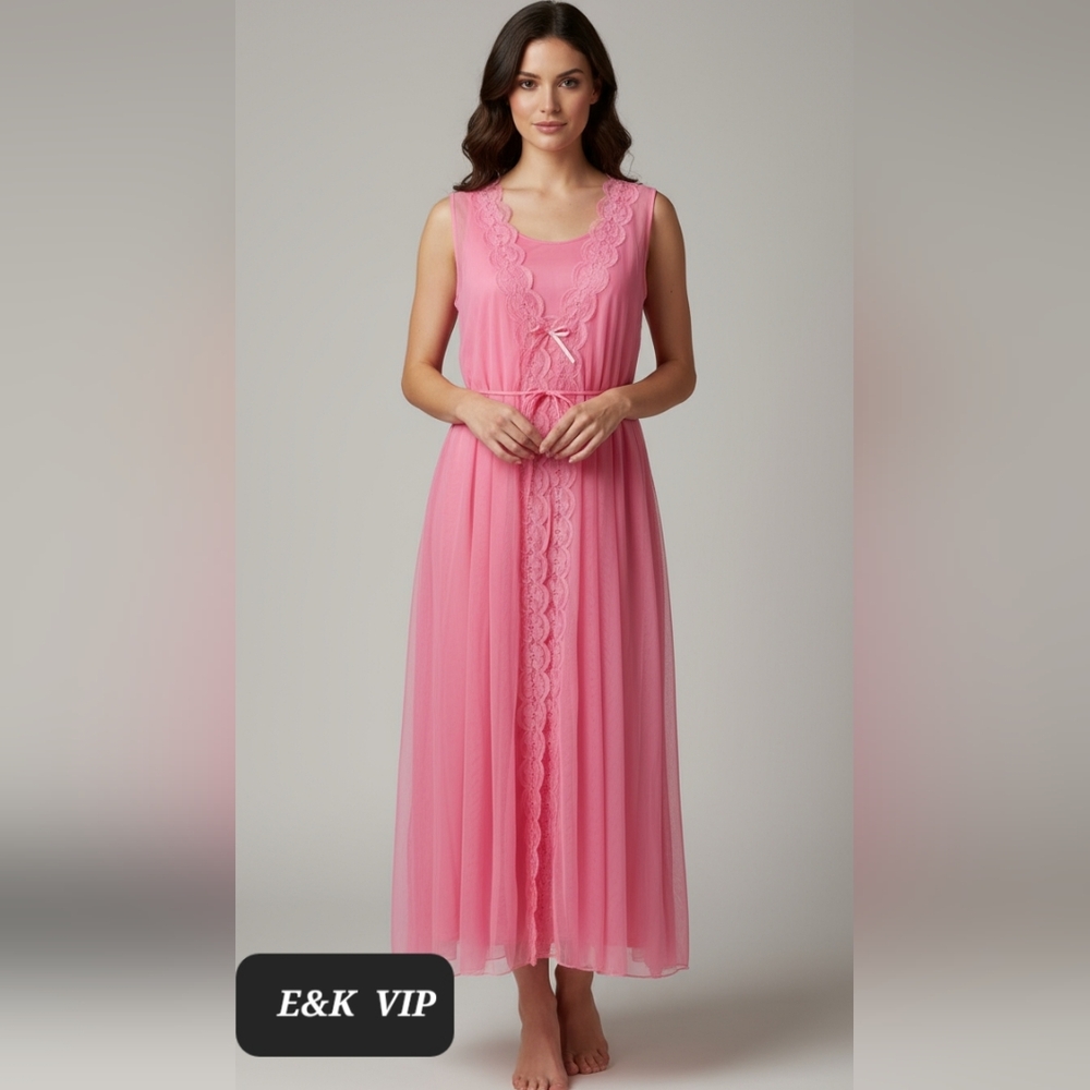 Vintage Nightgown pink W/ matching Robew/lace Trim. "Perri-Ann": (Fits S-L)